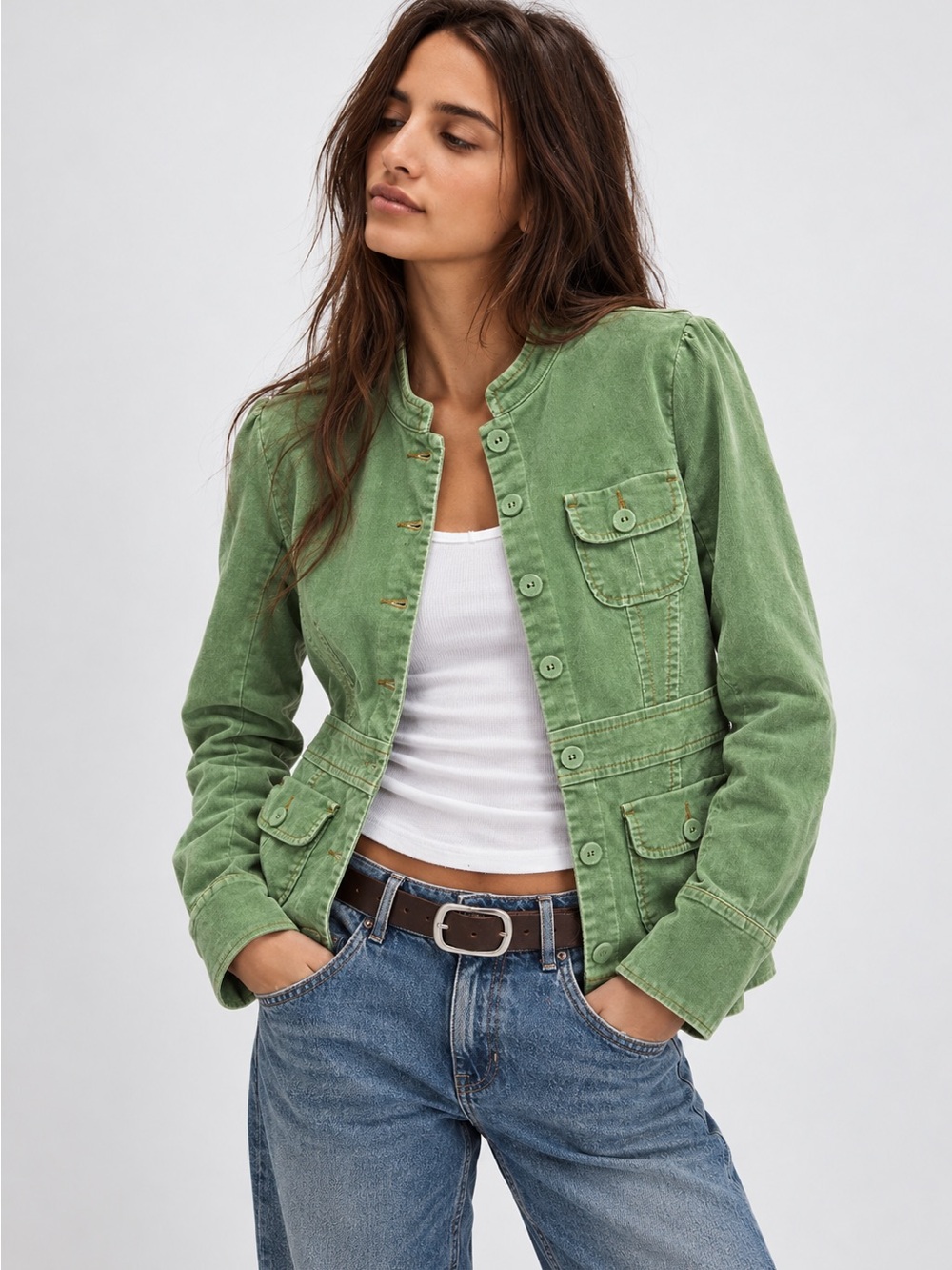 VTG Anthropologie Sage Green Corduroy Jacket Utility Military Shacket Boho M